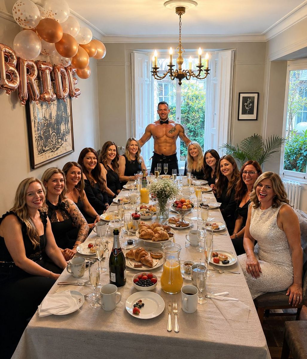 Hen party group at a champagne breakfast table at a Marbella villa